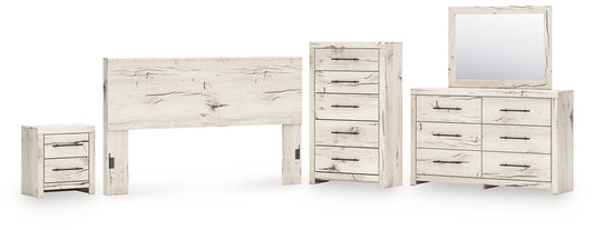 Lawroy King Panel Headboard with Mirrored Dresser, Chest and Nightstand