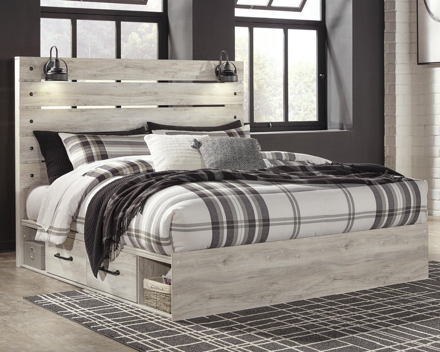 Cambeck King Panel Bed with 2 Storage Drawers with Mirrored Dresser, Chest and Nightstand