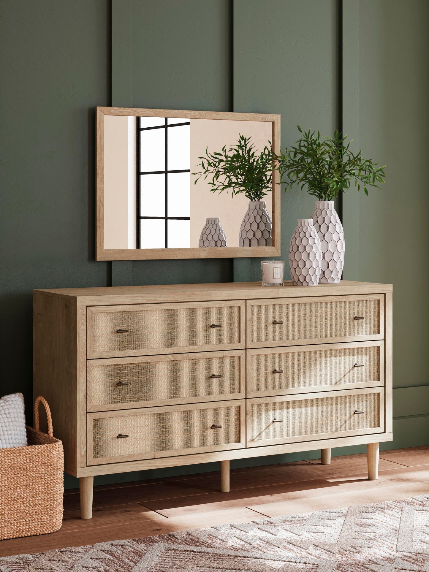 Cielden Queen Upholstered Bed with Roll Slats, Dresser, Mirror, Chest and Nightstand