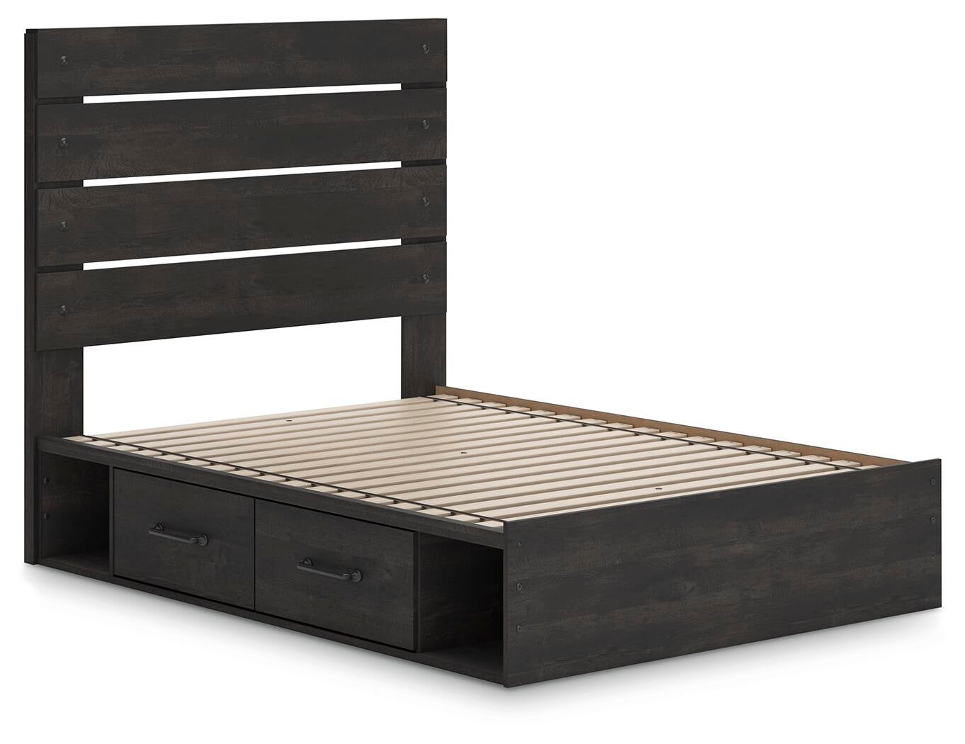 Delmorta Full Panel Bed with Storage, Dresser, Mirror and Nightstand