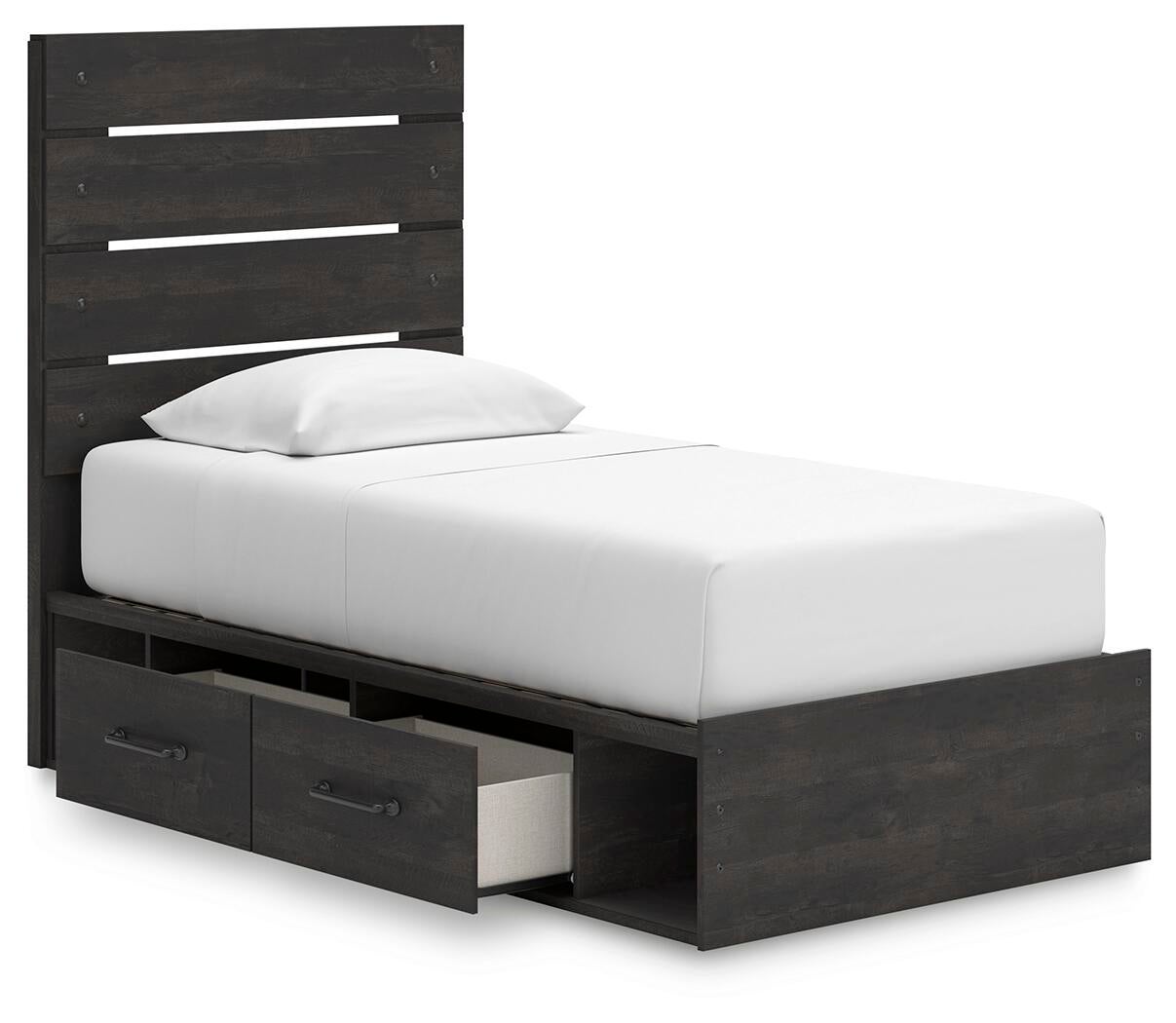 Delmorta Twin Panel Bed with Storage, Dresser, Mirror, Chest and Nightstand