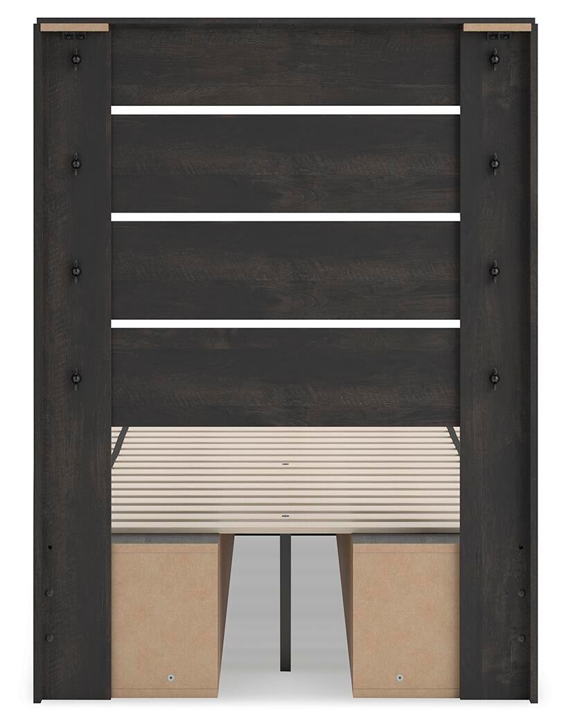 Delmorta Twin Panel Bed with Storage, Dresser and Mirror