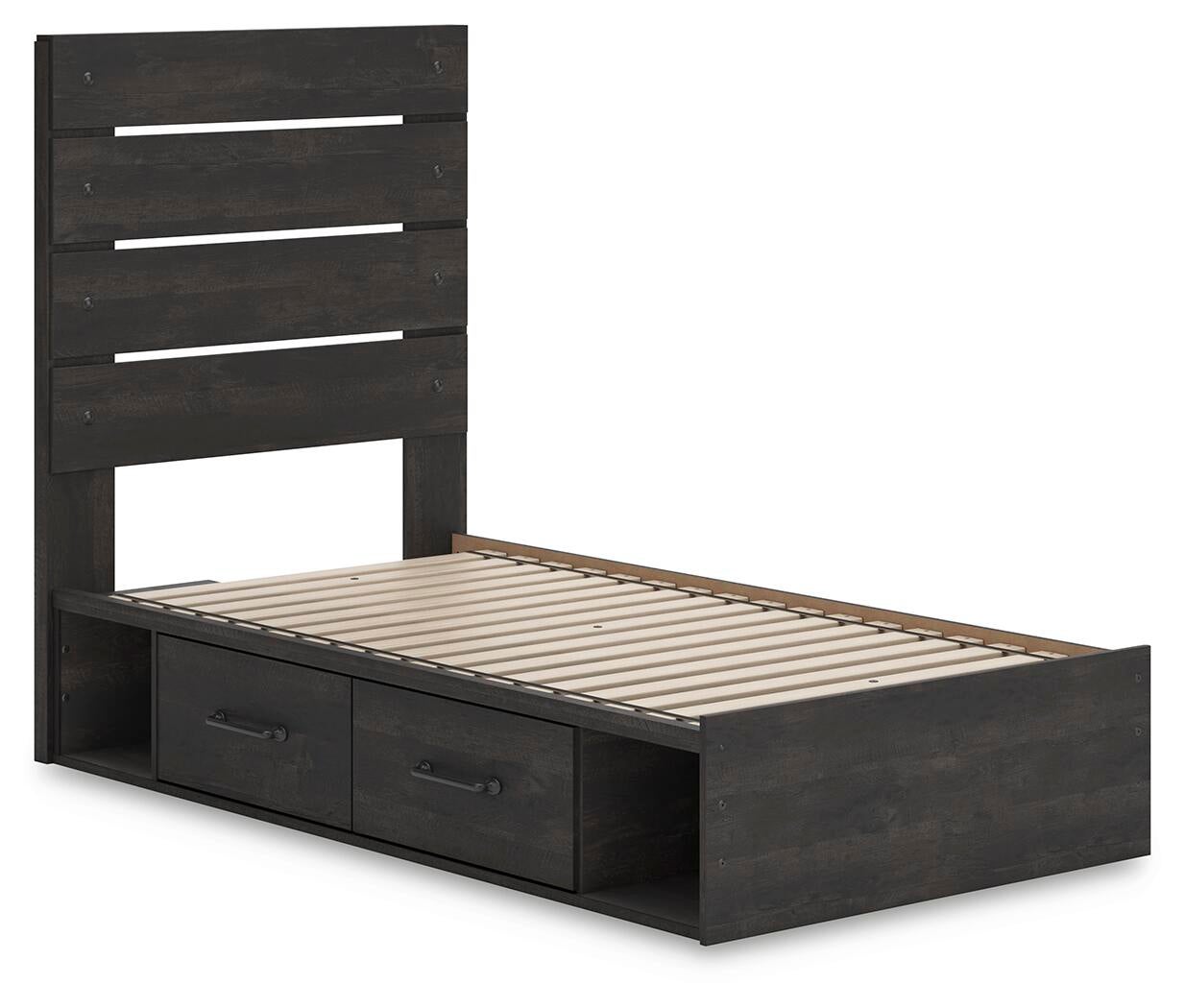 Delmorta Twin Panel Bed with Storage, Dresser, Mirror and Nightstand