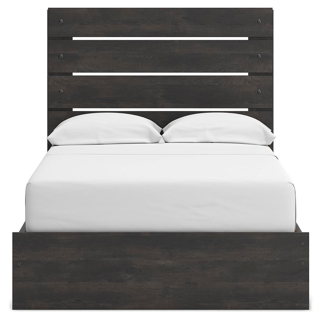 Delmorta Full Panel Bed with Storage, Dresser, Mirror, Chest and Nightstand