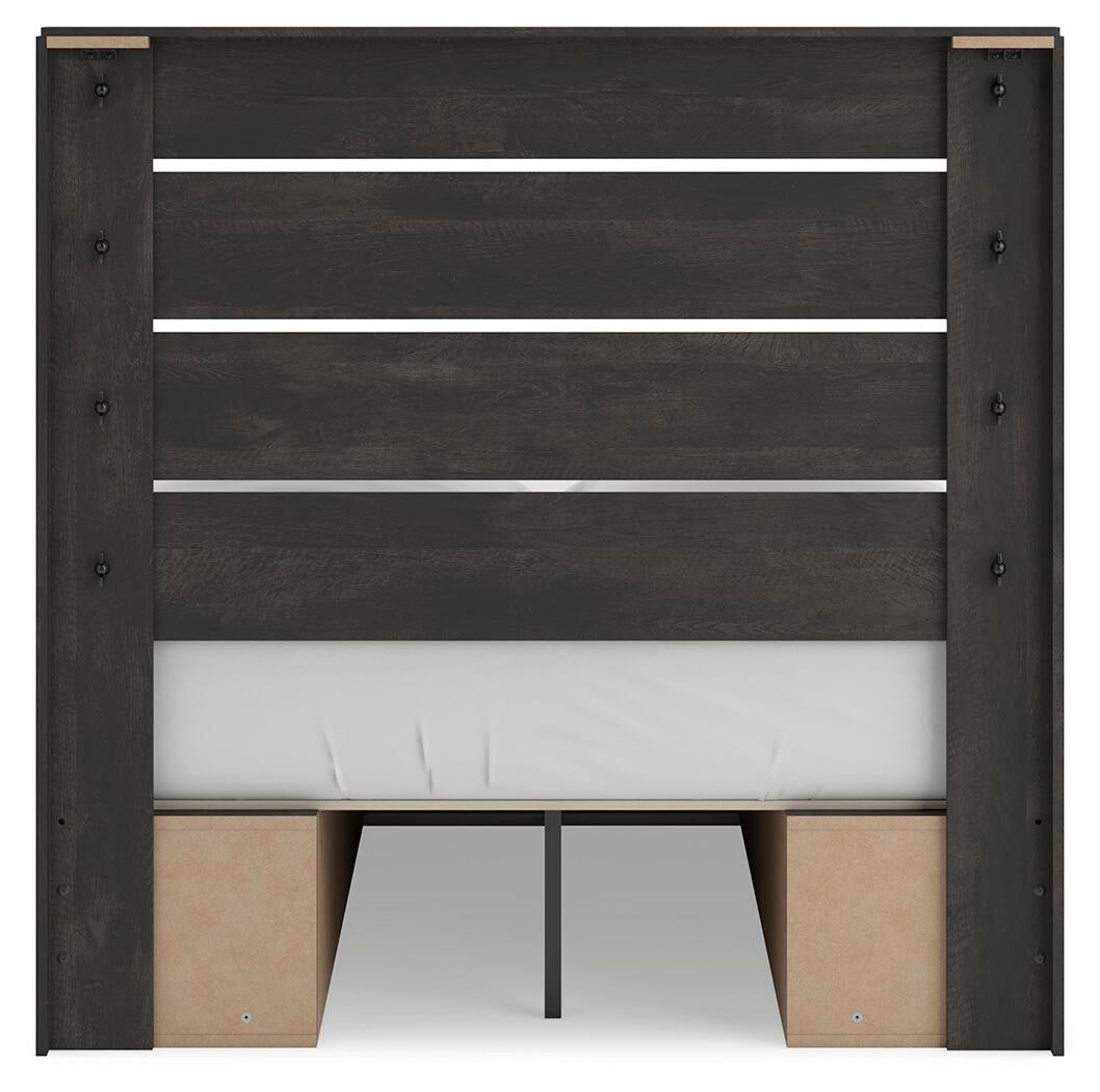 Delmorta Full Panel Bed with Storage, Dresser, Mirror, Chest and Nightstand