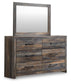 Drystan Queen Panel Bed with 2 Storage Drawers with Mirrored Dresser