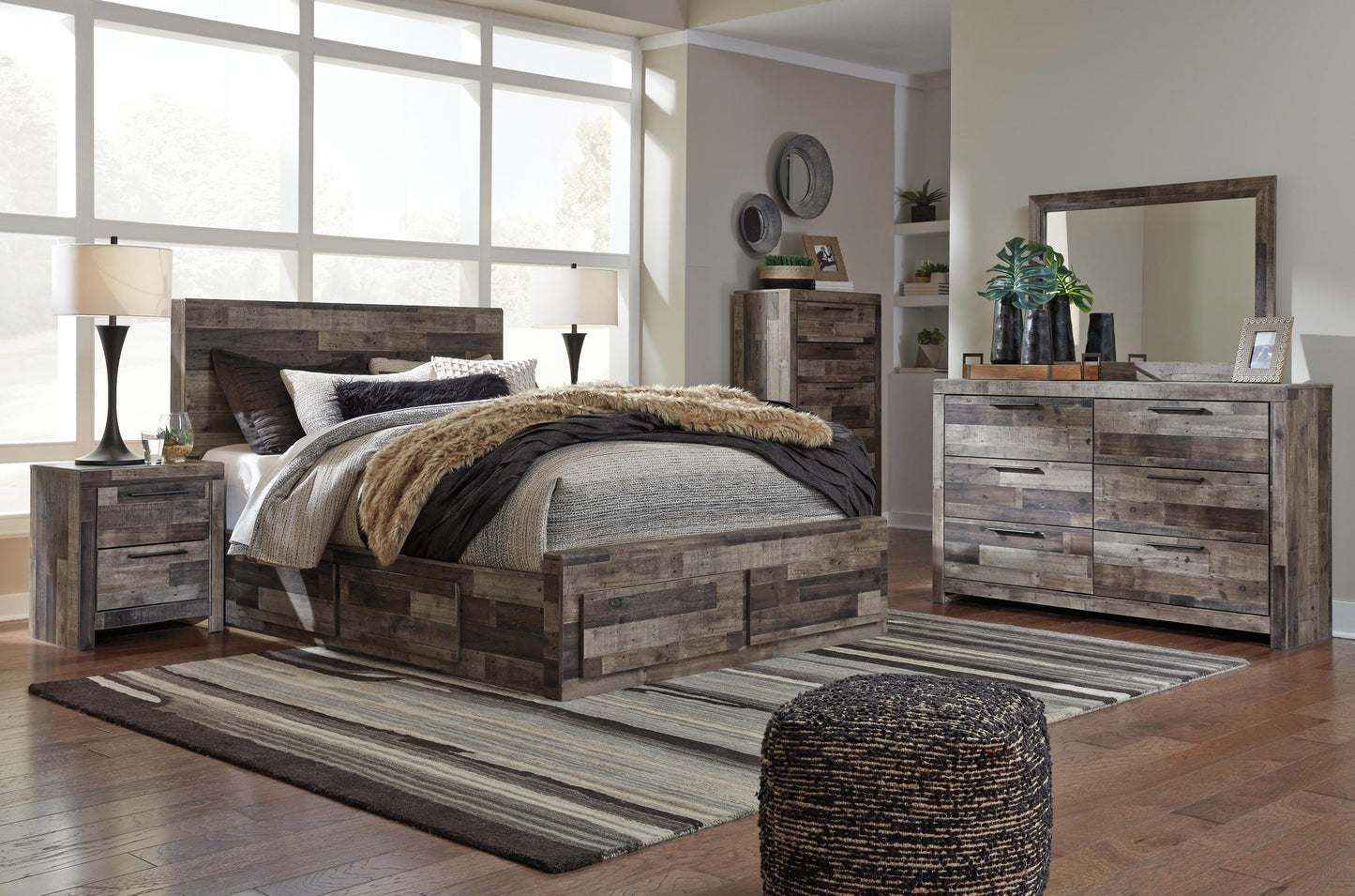 Derekson Queen Panel Bed with 6 Storage Drawers with Mirrored Dresser, Chest and Nightstand