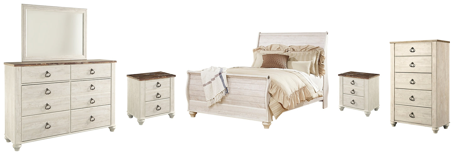 Willowton  Sleigh Bed With Mirrored Dresser, Chest And 2 Nightstands