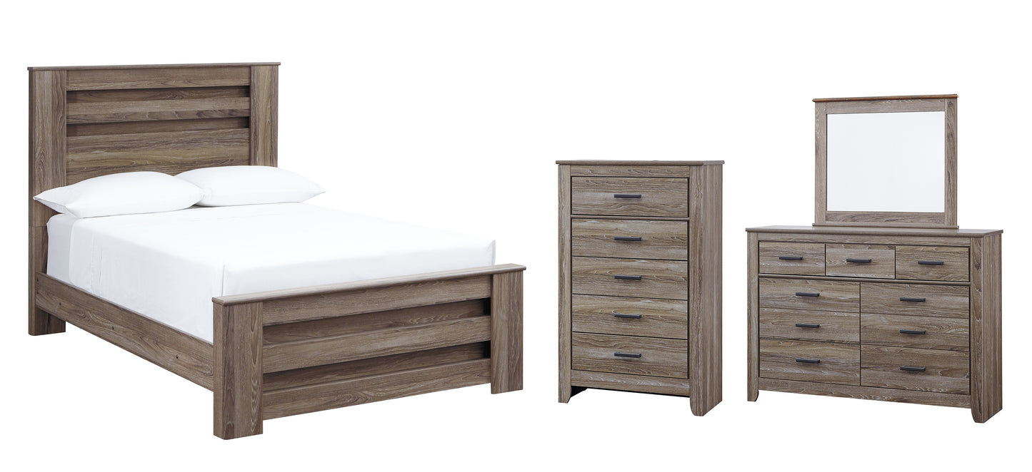 Zelen Full Panel Bed with Mirrored Dresser and Chest