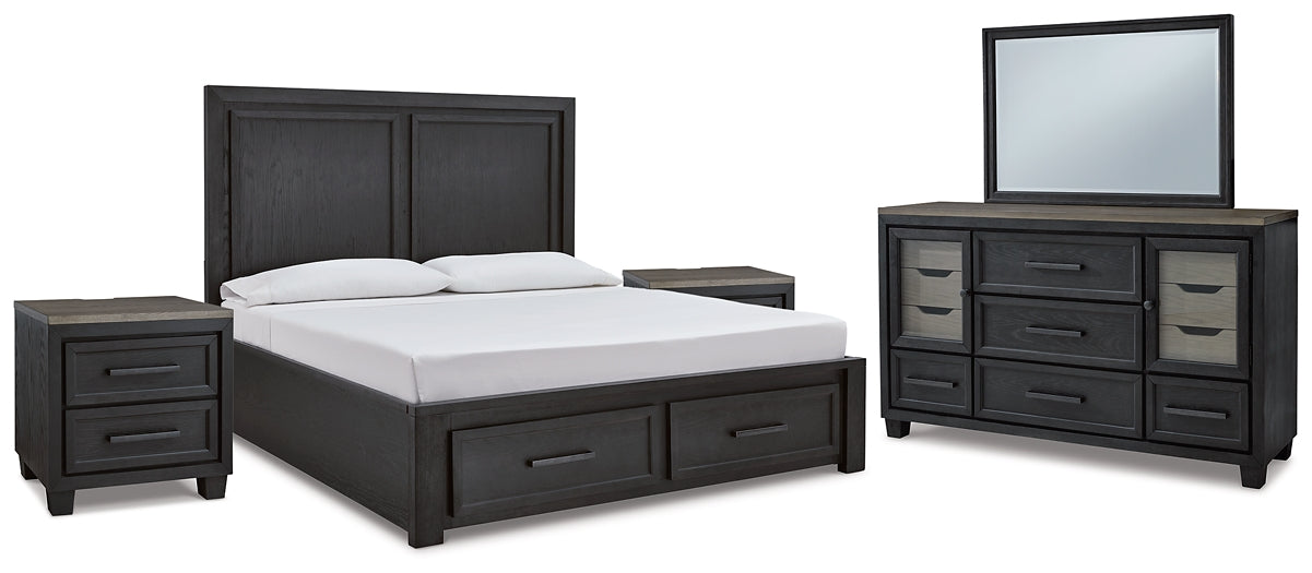 Foyland King Panel Storage Bed with Mirrored Dresser and 2 Nightstands